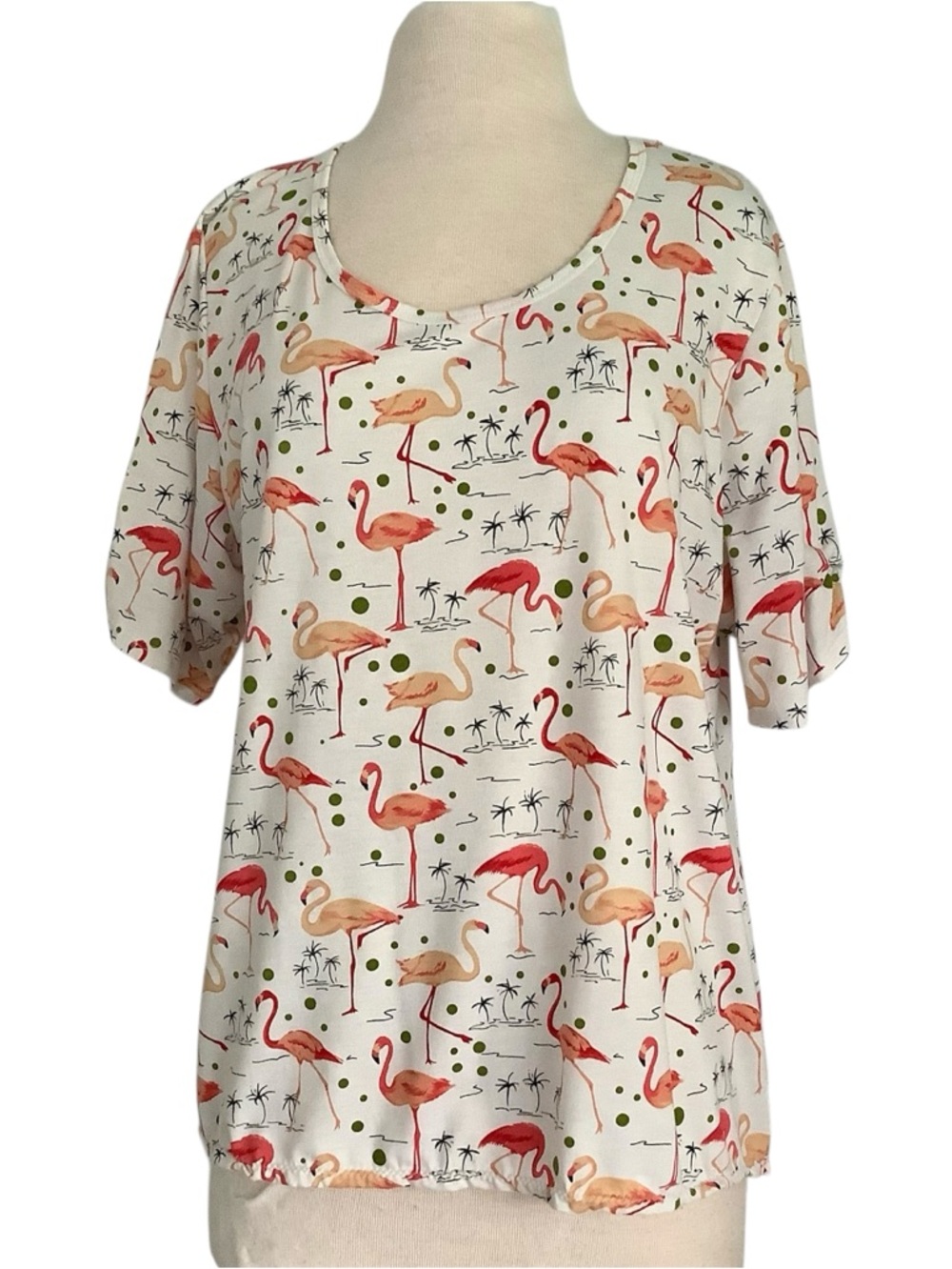 LuLaRoe Cream Short Sleeve Tee with Pink & Coral Flamingo Print